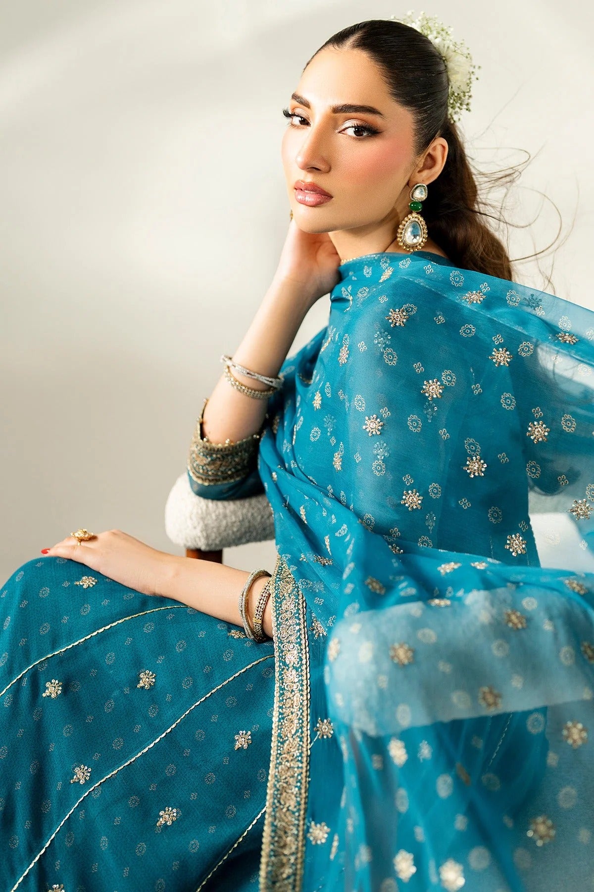 Digitally printed chiffon suit with embroidery on yoke, panels, sleeves & dupatta. Paired with dyed rawsilk bottom for a luxe, elegant formal look.