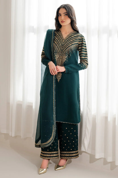 UR-7056 features embroidered Korean rawsilk front, sleeves, and bottom with a check woven organza dupatta—crafted for elegant, formal occasions.