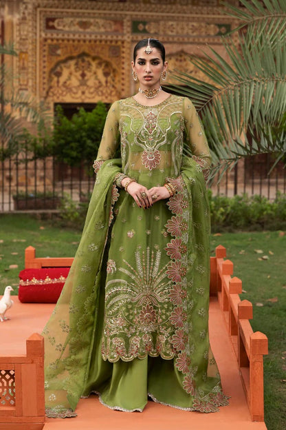 Premium organza suit with hand-embellished front, borders, dupatta, sleeves & raw silk trouser—crafted for elegance, style, and timeless charm.