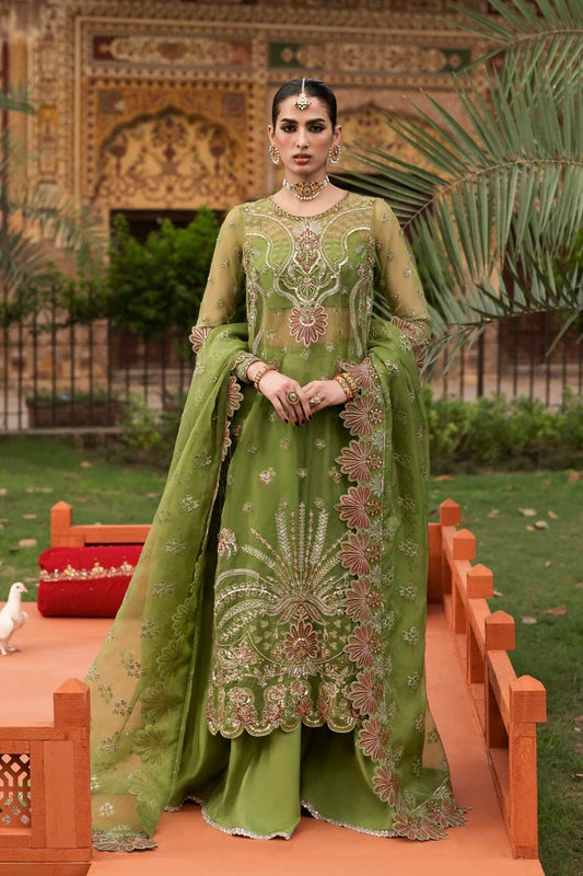Premium organza suit with hand-embellished front, borders, dupatta, sleeves & raw silk trouser—crafted for elegance, style, and timeless charm.