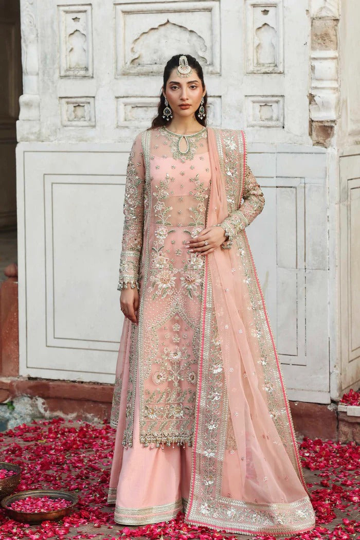 Elegant organza outfit with hand-embellished panels, embroidered sleeves, dupatta, and raw silk trouser. A perfect blend of grace and luxury.