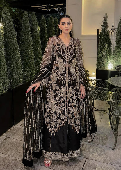Majestic onyx noir suit with hand-embellished organza panels, refined borders, embroidered dupatta, and sleek trouser for timeless evening elegance.
