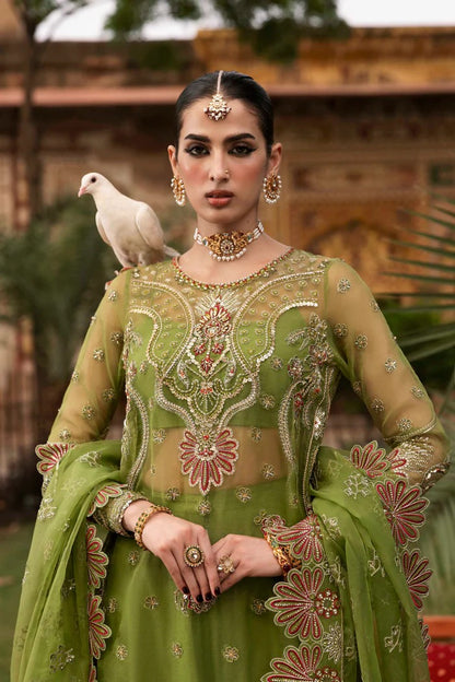 Premium organza suit with hand-embellished front, borders, dupatta, sleeves & raw silk trouser—crafted for elegance, style, and timeless charm.