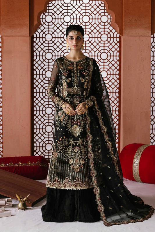 Elegant organza dress with hand-embellished front, sleeves, dupatta, raw silk trouser & inner—crafted for timeless luxury and graceful style.
