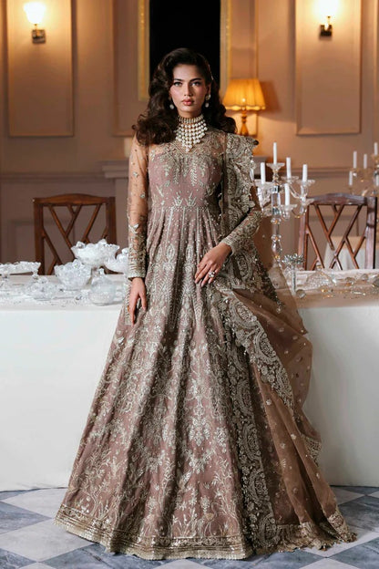 Stylish net suit with embroidered panels, body, blouse, sleeves & organza dupatta with borders, paired with silk inner—crafted for timeless elegance.