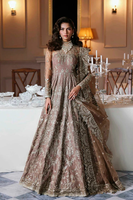 Stylish net suit with embroidered panels, body, blouse, sleeves & organza dupatta with borders, paired with silk inner—crafted for timeless elegance.