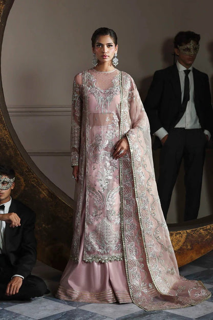 Elegant organza dress with embroidered panels, back, sleeves & dupatta, paired with silk inner and trouser—crafted for timeless charm and style.