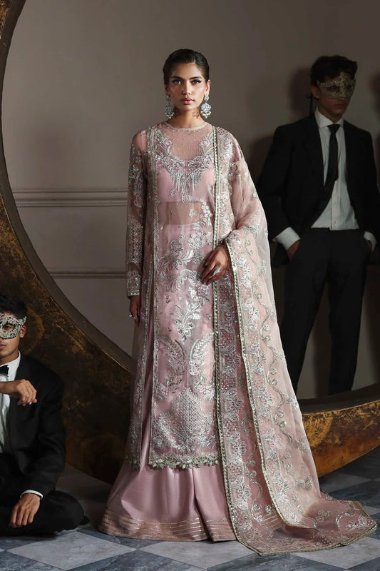 Elegant organza dress with embroidered panels, back, sleeves & dupatta, paired with silk inner and trouser—crafted for timeless charm and style.