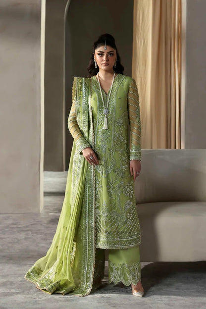A graceful chiffon dress with intricate embroidery on front, back, and dupatta. Finished with organza borders and a raw silk trouser for a refined look.