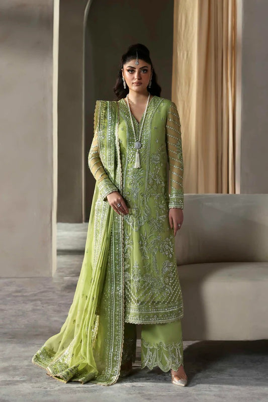 A graceful chiffon dress with intricate embroidery on front, back, and dupatta. Finished with organza borders and a raw silk trouser for a refined look.