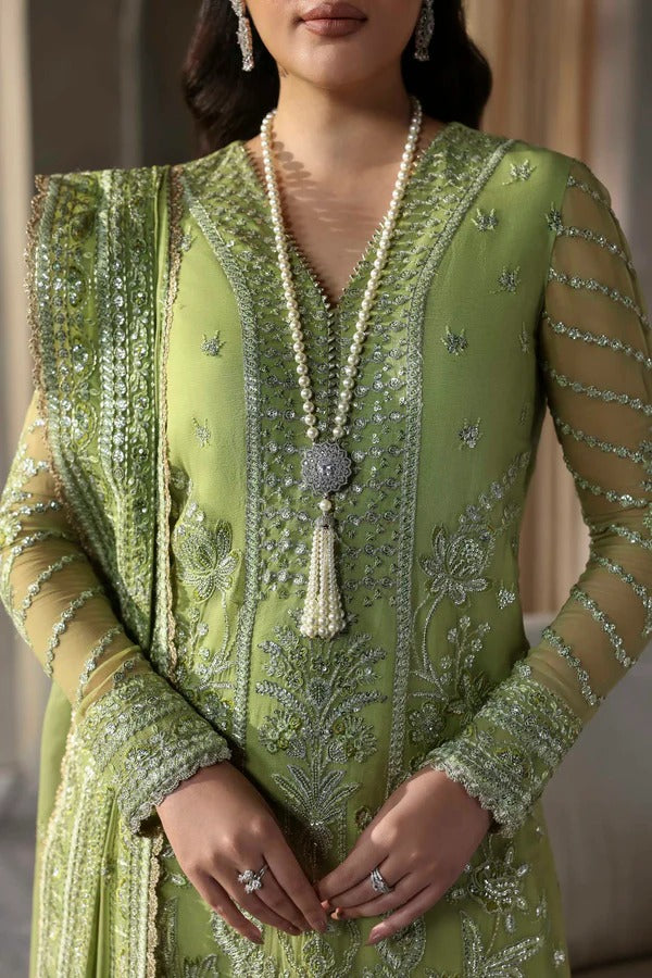 A graceful chiffon dress with intricate embroidery on front, back, and dupatta. Finished with organza borders and a raw silk trouser for a refined look.