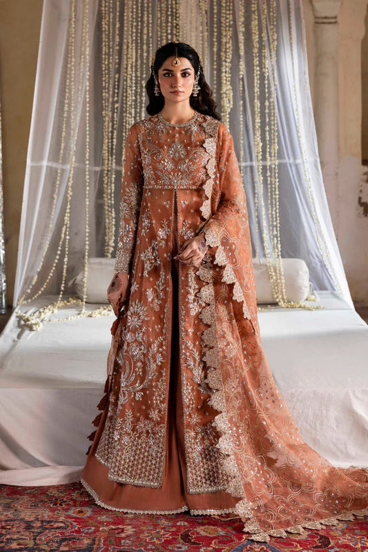 Exquisite organza suit with hand-embellished blouse, panels, sleeves, dupatta & raw silk trouser—crafted for a refined, elegant, and timeless look.