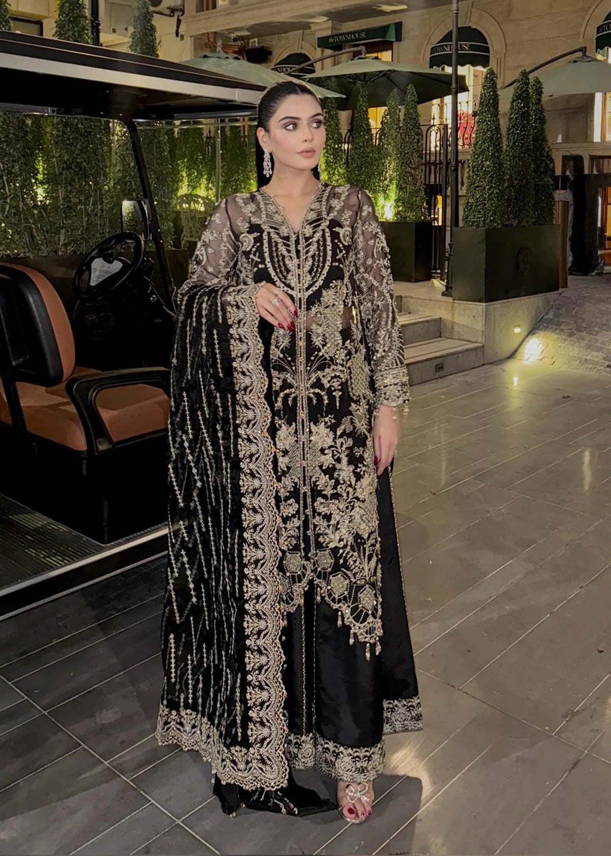 Majestic onyx noir suit with hand-embellished organza panels, refined borders, embroidered dupatta, and sleek trouser for timeless evening elegance.
