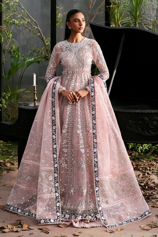 Graceful baby pink organza suit with embroidered panels, purple dupatta borders, and matching trouser — a chic festive and formal ensemble.