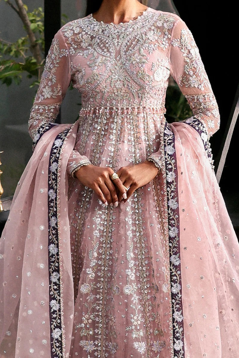 Graceful baby pink organza suit with embroidered panels, purple dupatta borders, and matching trouser — a chic festive and formal ensemble.
