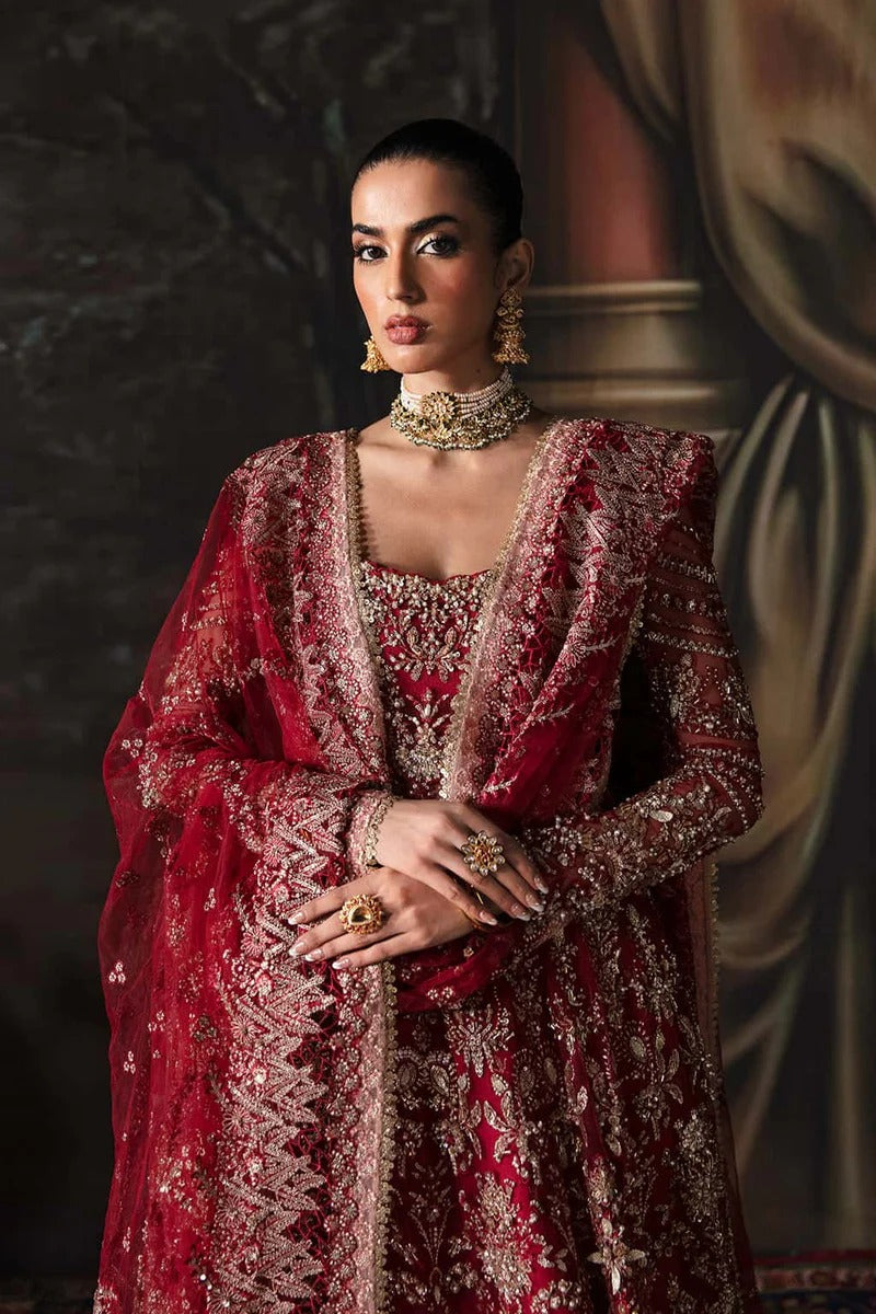 Elegant net suit featuring hand-embellished panels, organza borders, embroidered dupatta, and raw silk trouser — perfect for festive elegance.