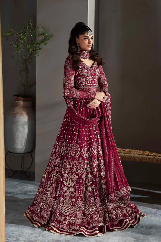 Graceful chiffon dress featuring 12" embroidered panels, elegant sleeves, and organza borders, paired with a matching dupatta and soft raw silk inner.