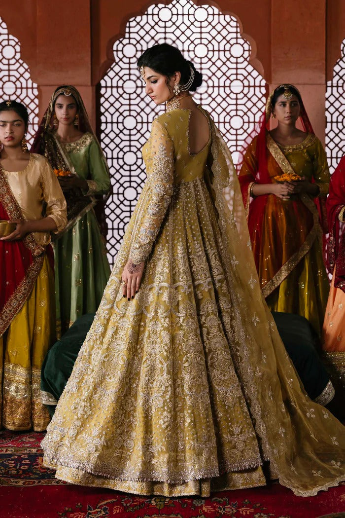 Stunning organza lehenga with embellished panels, blouse, sleeves, dupatta & borders, paired with raw silk inner—crafted for elegance and luxury.