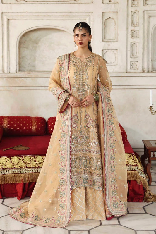 A luxurious organza outfit with hand-embellished front, sleeves, and borders. Paired with an embroidered dupatta and raw silk trouser for a timeless look.