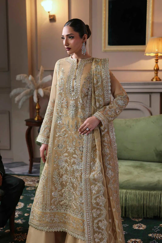 Elegant organza dress featuring embroidered panels, borders, sleeves & dupatta, paired with silk inner and trouser—crafted for timeless luxury style.