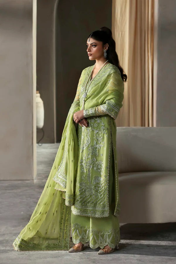 A graceful chiffon dress with intricate embroidery on front, back, and dupatta. Finished with organza borders and a raw silk trouser for a refined look.
