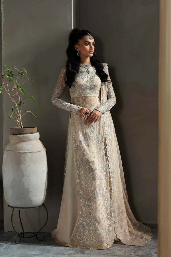 Graceful chiffon ensemble featuring embroidered body, sleeves, and dupatta with organza borders and a raw silk trouser — perfect for festive elegance.