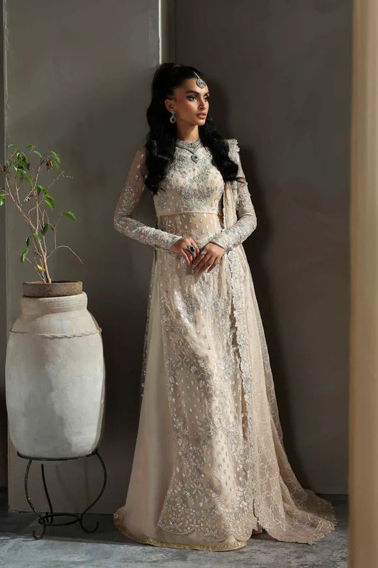 Graceful chiffon ensemble featuring embroidered body, sleeves, and dupatta with organza borders and a raw silk trouser — perfect for festive elegance.