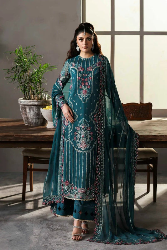 Elegant chiffon outfit featuring embroidered front, back, and sleeves with organza borders. Paired with a chiffon dupatta and raw silk trouser for a refined look.