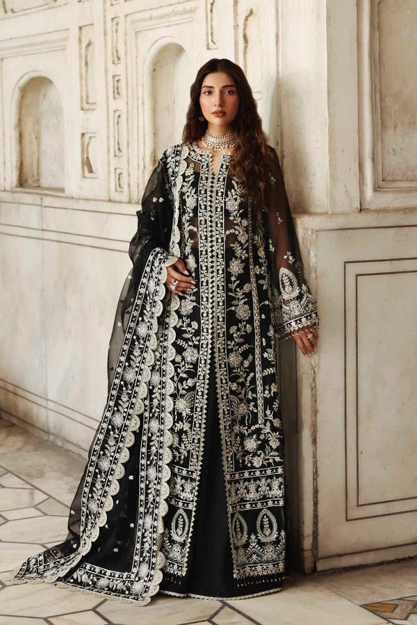 Elegant organza outfit with hand-embellished panels, sleeves, and borders, paired with a matching dupatta and raw silk trouser for a refined formal look.