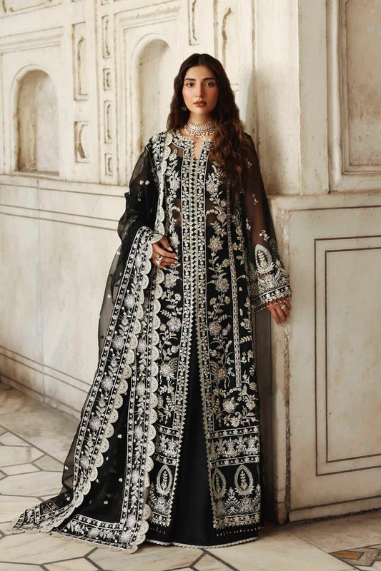 Elegant organza outfit with hand-embellished panels, sleeves, and borders, paired with a matching dupatta and raw silk trouser for a refined formal look.