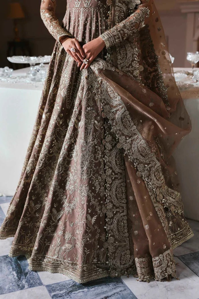 Stylish net suit with embroidered panels, body, blouse, sleeves & organza dupatta with borders, paired with silk inner—crafted for timeless elegance.