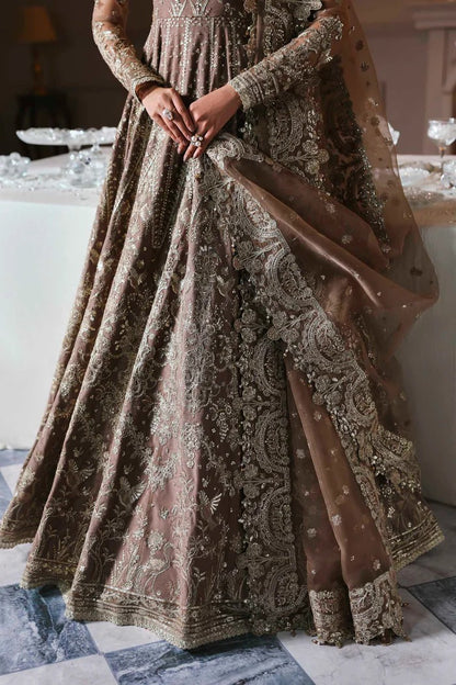 Stylish net suit with embroidered panels, body, blouse, sleeves & organza dupatta with borders, paired with silk inner—crafted for timeless elegance.