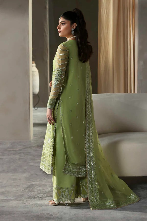 A graceful chiffon dress with intricate embroidery on front, back, and dupatta. Finished with organza borders and a raw silk trouser for a refined look.