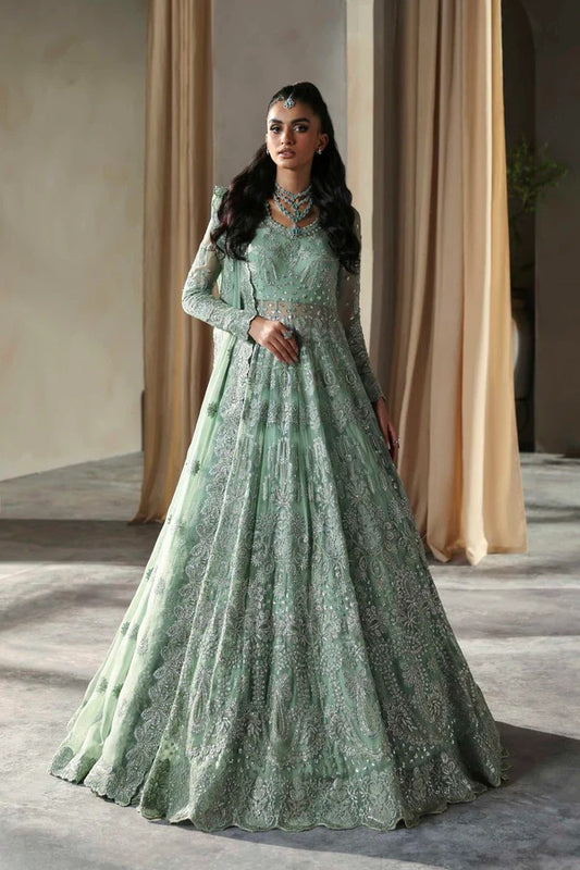 Elegant chiffon outfit featuring embroidered panels, sleeves, and dupatta with organza borders, paired with a luxurious raw silk inner for timeless grace.