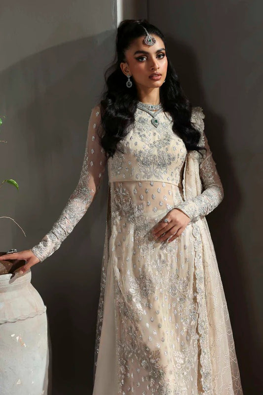 Graceful chiffon ensemble featuring embroidered body, sleeves, and dupatta with organza borders and a raw silk trouser — perfect for festive elegance.