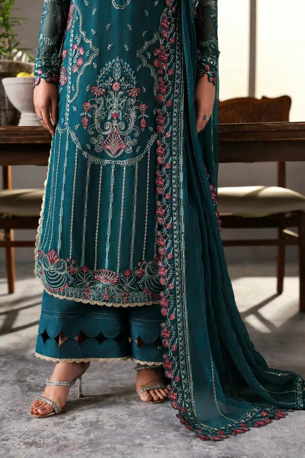 Elegant chiffon outfit featuring embroidered front, back, and sleeves with organza borders. Paired with a chiffon dupatta and raw silk trouser for a refined look.