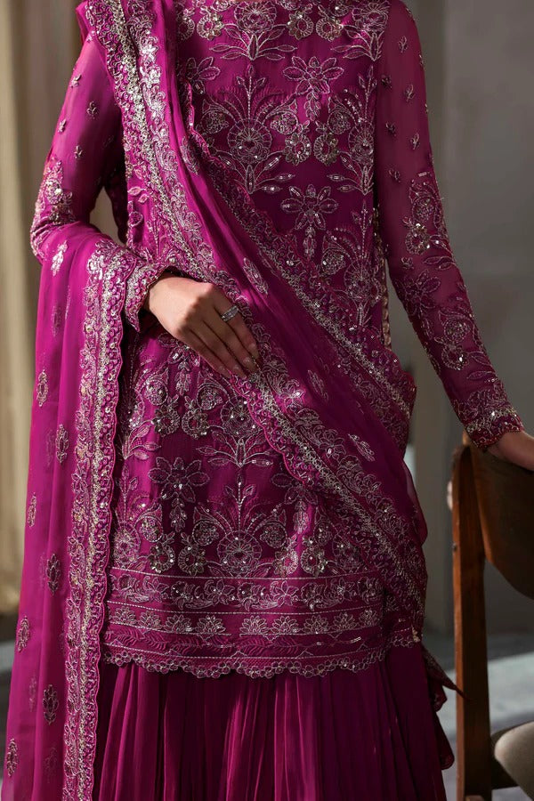 Elegant chiffon outfit featuring embroidered front, back, and sleeves with a chiffon dupatta and organza garara border. Perfect for festive and formal occasions.