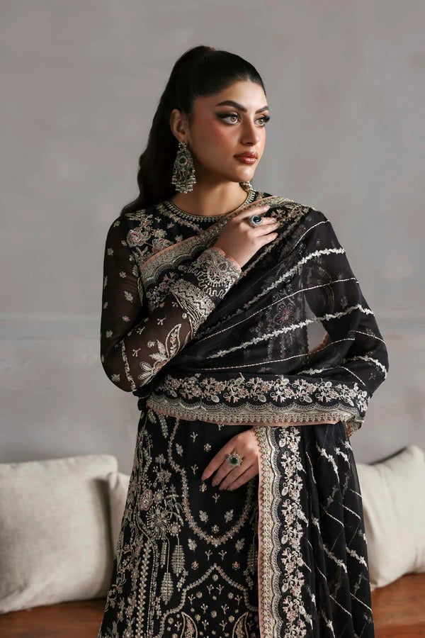 Elegant chiffon dress with embroidered front, back, and sleeves, paired with an organza dupatta and raw silk trouser — perfect for formal elegance.