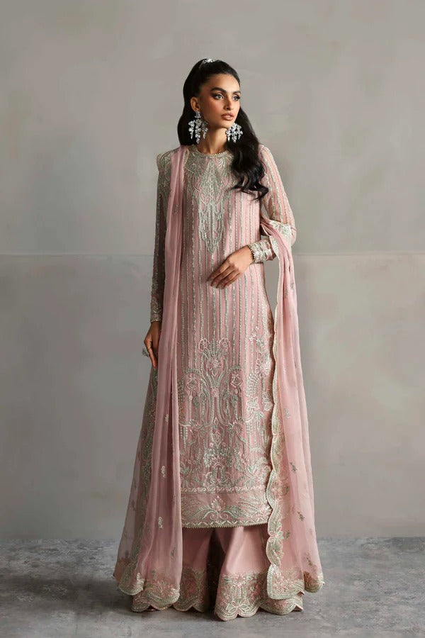 Beautiful chiffon dress with embroidered front, back, and sleeves, paired with organza borders, chiffon dupatta, and raw silk trouser for a refined look.