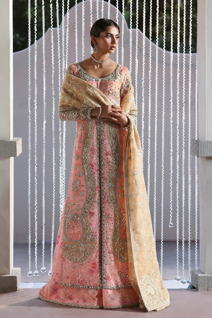 Beautiful printed pink silk suit with embroidered organza panels, embellished dupatta, and stylish sharara. Perfect for weddings, festive, and formal occasions.