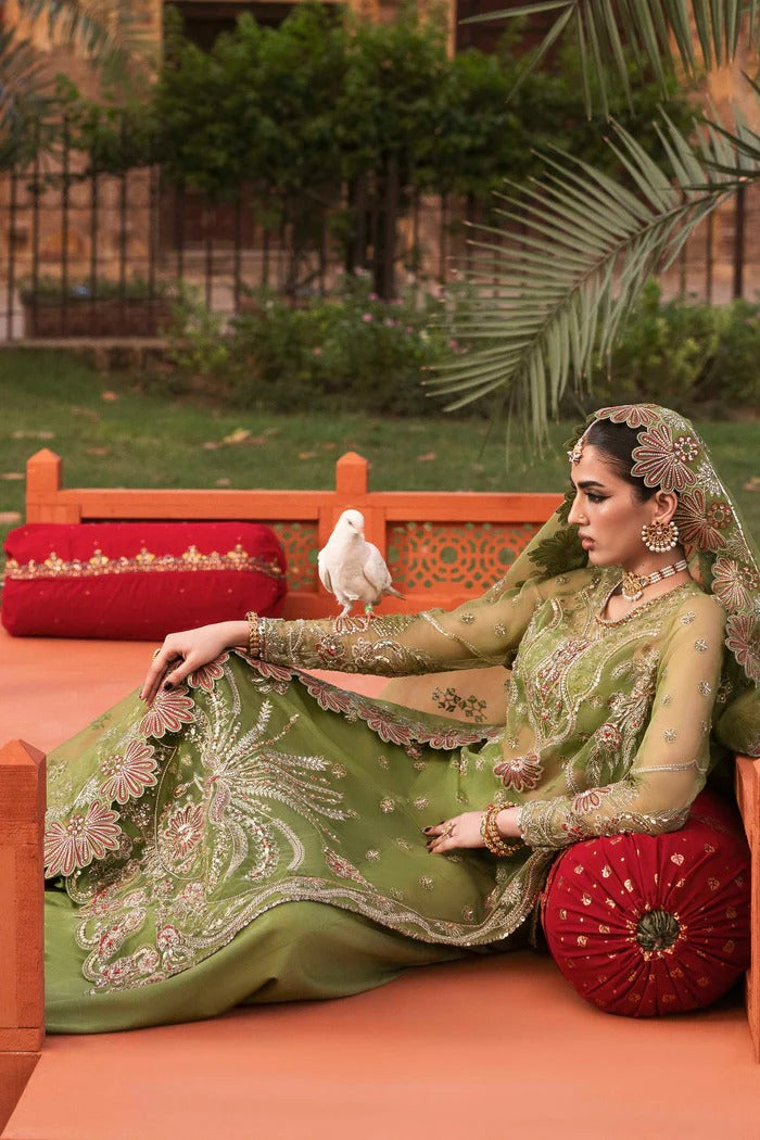 Premium organza suit with hand-embellished front, borders, dupatta, sleeves & raw silk trouser—crafted for elegance, style, and timeless charm.