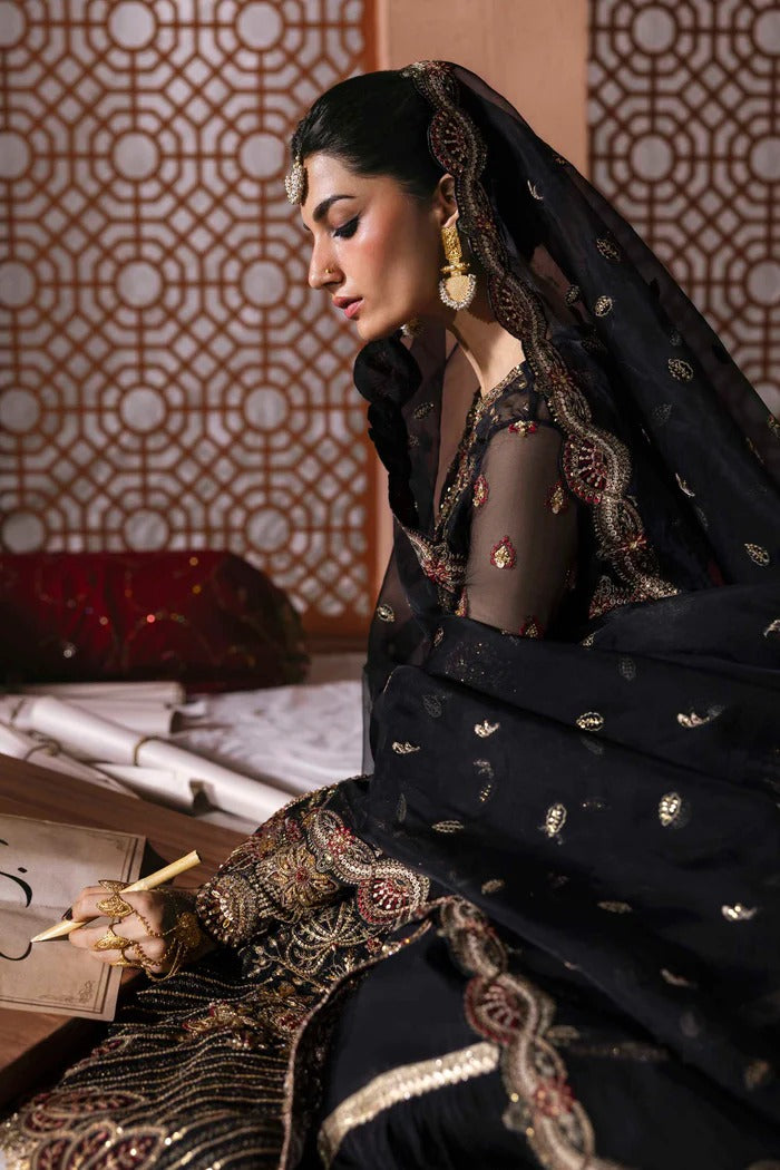 Elegant organza dress with hand-embellished front, sleeves, dupatta, raw silk trouser & inner—crafted for timeless luxury and graceful style.