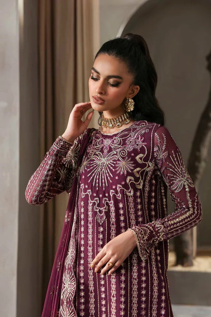 Grace your look with this chiffon embroidered dress featuring detailed borders, sleeves, and dupatta. Paired with a raw silk garara for timeless elegance.
