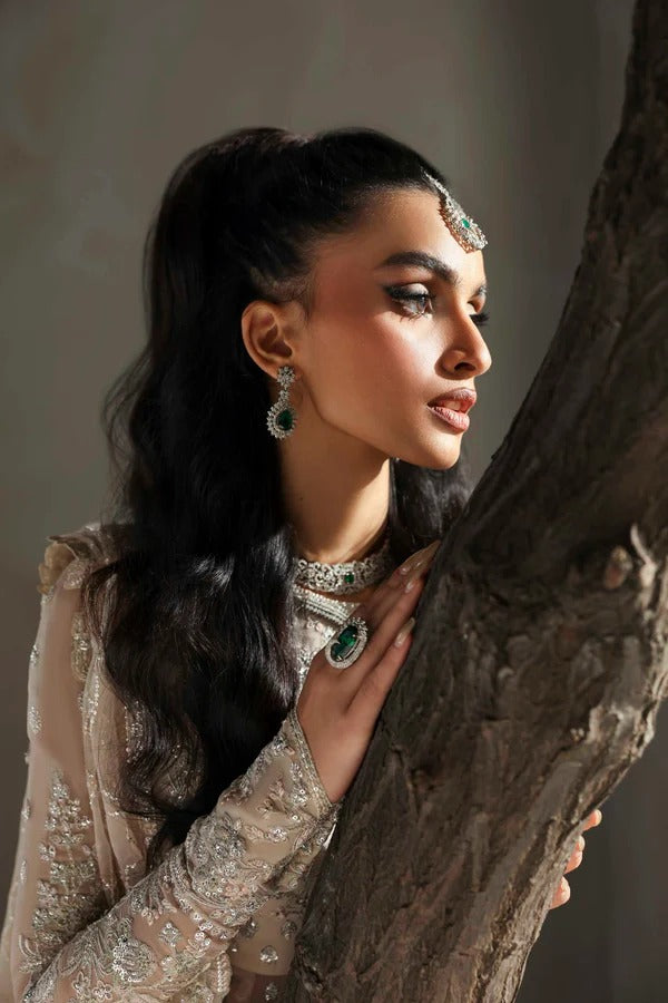 Graceful chiffon ensemble featuring embroidered body, sleeves, and dupatta with organza borders and a raw silk trouser — perfect for festive elegance.