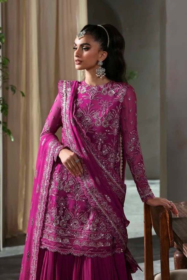 Elegant chiffon outfit featuring embroidered front, back, and sleeves with a chiffon dupatta and organza garara border. Perfect for festive and formal occasions.