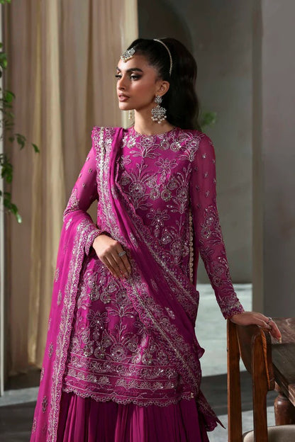 Elegant chiffon outfit featuring embroidered front, back, and sleeves with a chiffon dupatta and organza garara border. Perfect for festive and formal occasions.