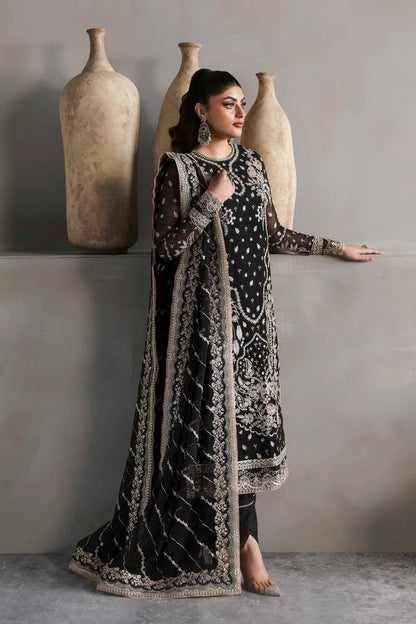 Elegant chiffon dress with embroidered front, back, and sleeves, paired with an organza dupatta and raw silk trouser — perfect for formal elegance.
