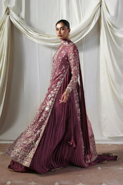 Stylish mauve silk gown featuring embroidered organza panels, embellished dupatta, and crushed inner gown. A graceful ensemble perfect for weddings & festive wear.