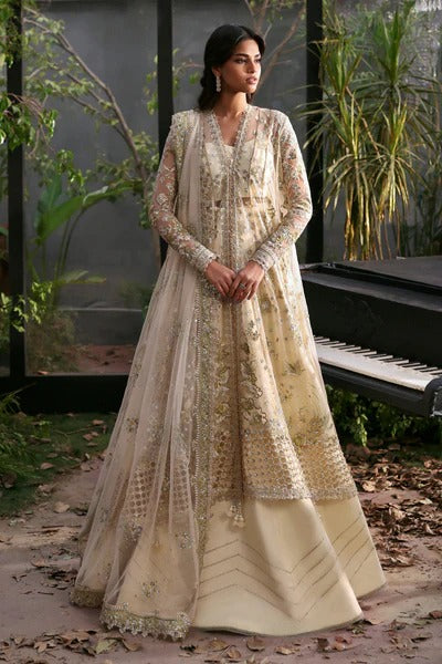 Elegant off white net suit with embroidered panels, apple green dupatta borders, and raw silk trouser for a refined festive and formal look.