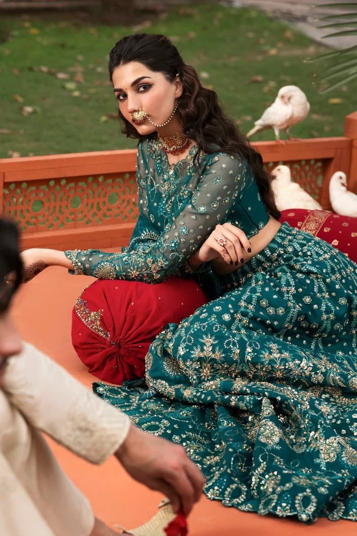 Elegant organza suit with embellished panels, blouse, sleeves & dupatta, paired with inner—crafted for timeless beauty, sophistication & luxury.